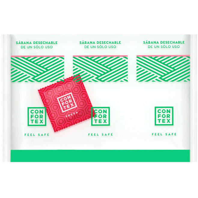 Disposable bed sheet with Confortex branding and feel safe message, featuring a red packet design.