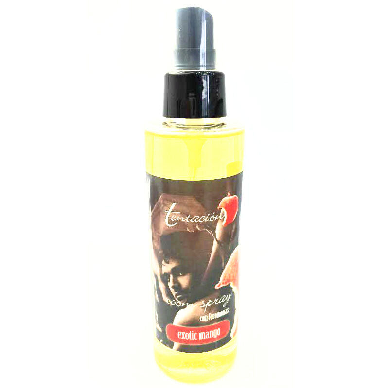 Exotic mango room spray air freshener in a clear bottle with black cap, ideal for a refreshing, fruity aroma.