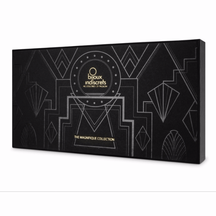 Art Deco inspired box for The Magnifique Collection by Bijoux Indiscrets, featuring intricate geometric patterns.