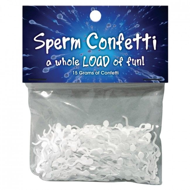Bag of novelty sperm-shaped confetti labeled 'Sperm Confetti - a whole LOAD of fun!' with 15 grams of confetti inside.