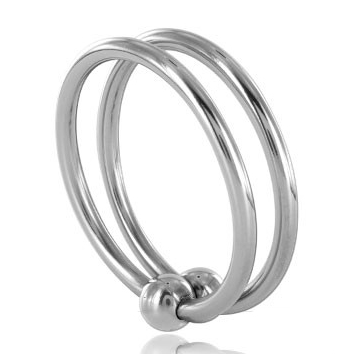 Close-up of metal BDSM penis rings on a white background, featuring intertwined design with polished finish.