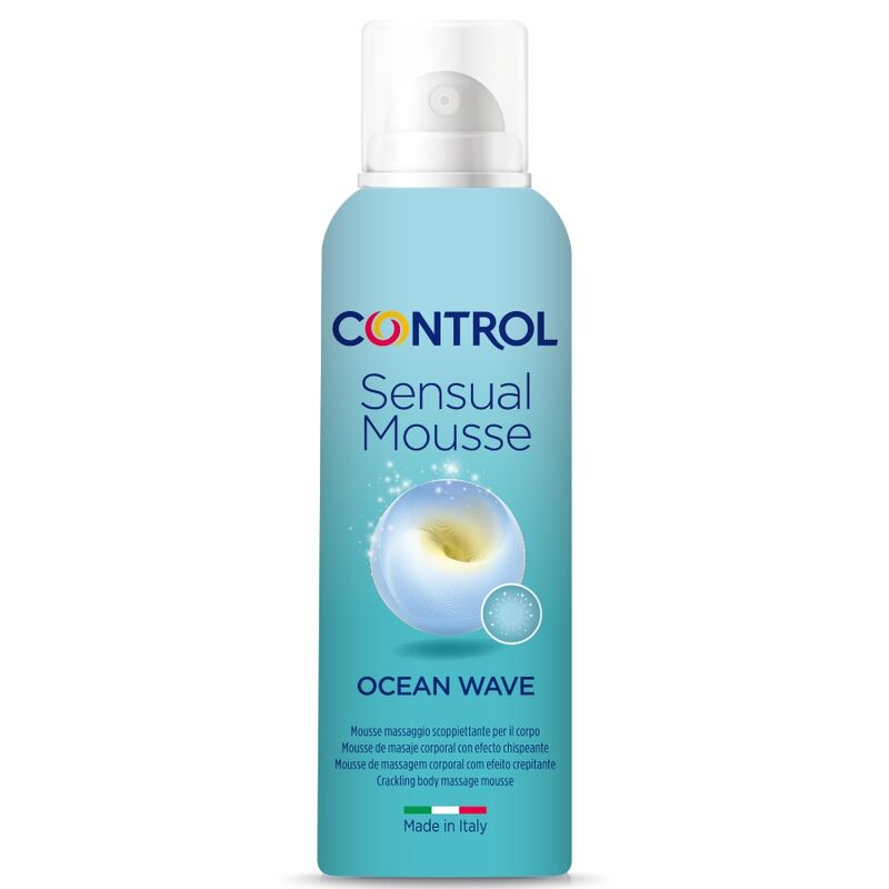 Control Sensual Mousse Ocean Wave massage cream in a blue spray bottle, made in Italy.