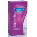 Pasante Intensity condoms box featuring 12 pieces with ribbed and dotted texture for enhanced satisfaction.