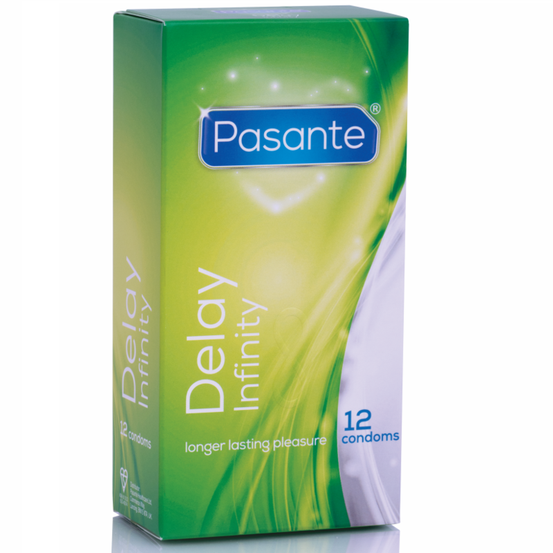 Pasante Delay Infinity Condoms box featuring green and white design, offering prolonged pleasure for sexual wellness. 12 pack.
