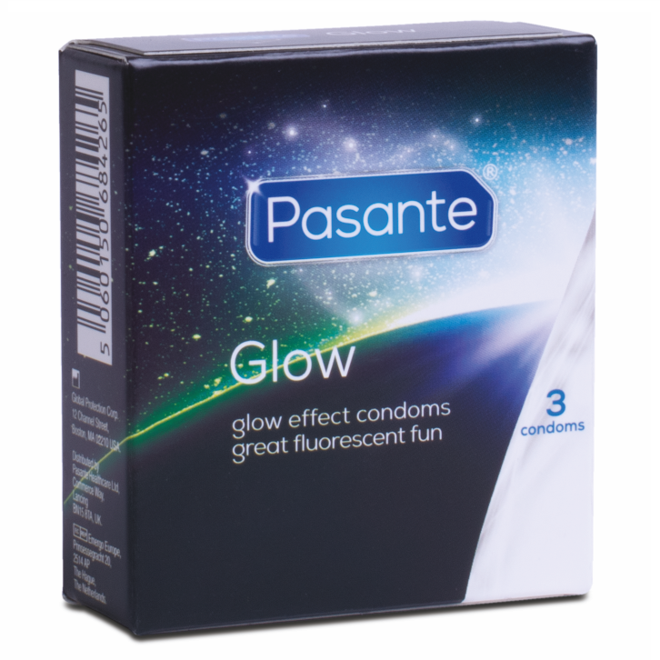 Pasante Glow condoms packaging featuring glow in the dark effect, enhance nighttime fun with great fluorescent design.