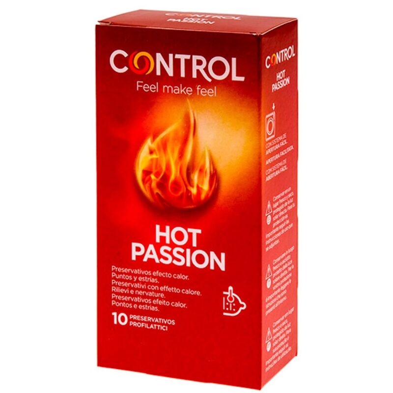 Control Hot Passion packaging featuring a fiery flame design, indicating warmth effect. Box of 10 items for enhanced sensory experience.