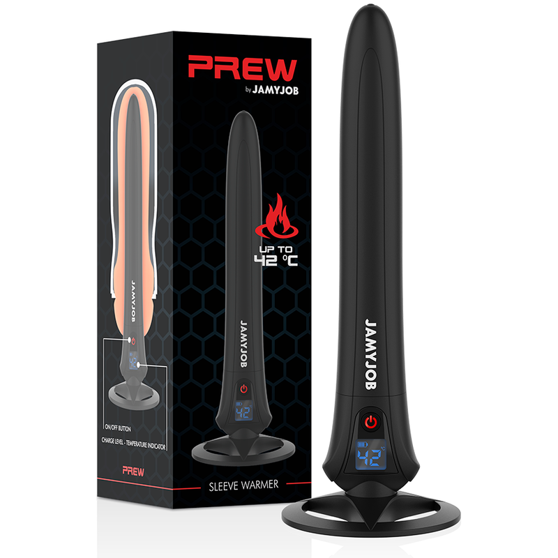 Masturbator heater by Jamyjob displayed with packaging, features temperature control up to 42°C for enhanced experience.
