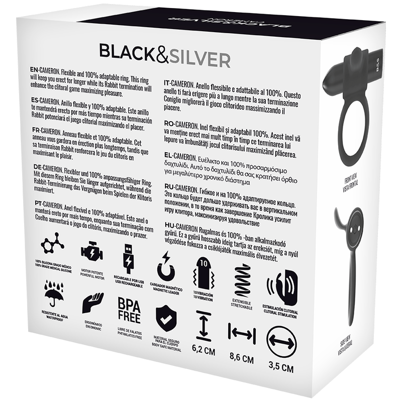 Cameron Remote Control Cockring packaging with product details and icons, including BPA-free, medical silicone, black color.