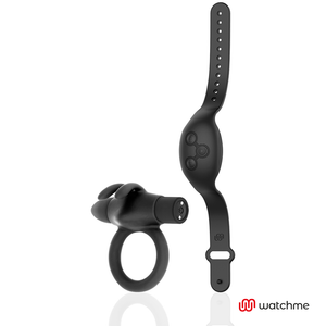 Black and silver remote control cockring by AGRON, featuring medical silicone material for enhanced pleasure, shown with a matching watch.