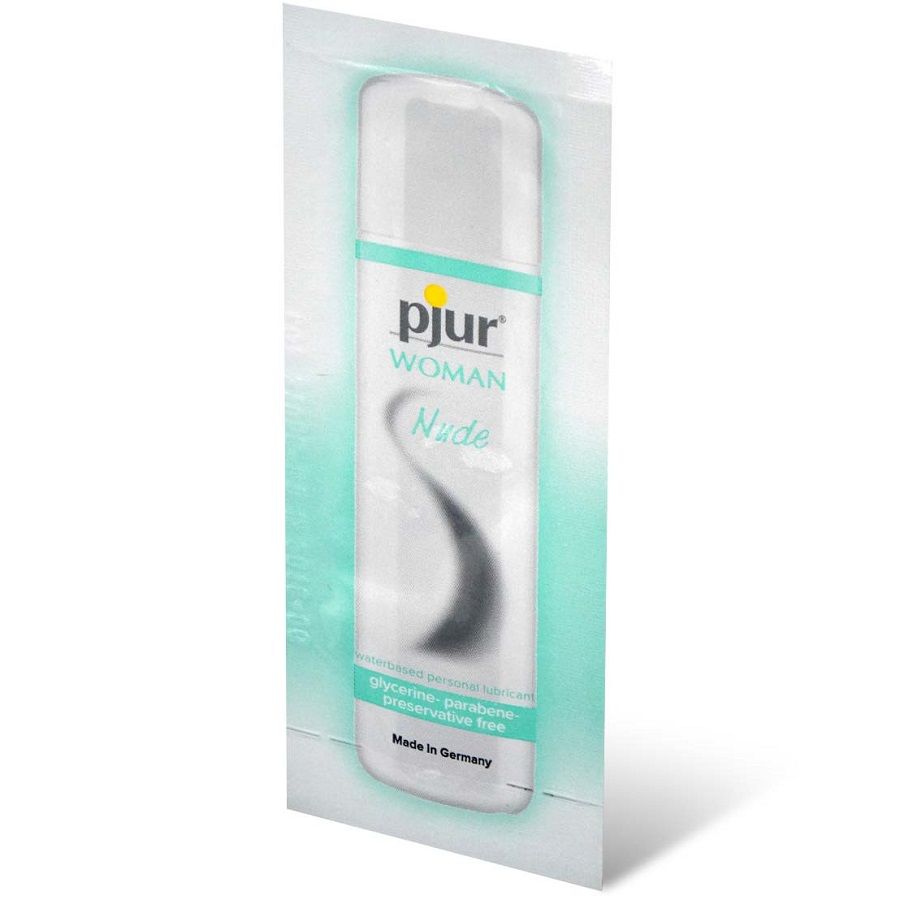 Pjur Woman Nude water-based lubricant sachet, preservative-free, for sensitive skin, 2 ml, eco-friendly packaging.