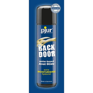Pjur Back Door Comfort Anal Glide water-based lubricant 250ml with hyaluronic acid for smooth and long-lasting use.