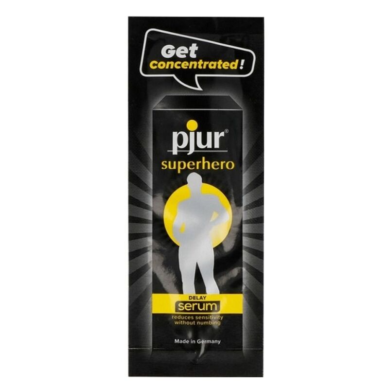 PJUR Superhero Concentrated Delay Serum 1.5 ml for men, reduces sensitivity without numbness, suitable for condoms and daily use.