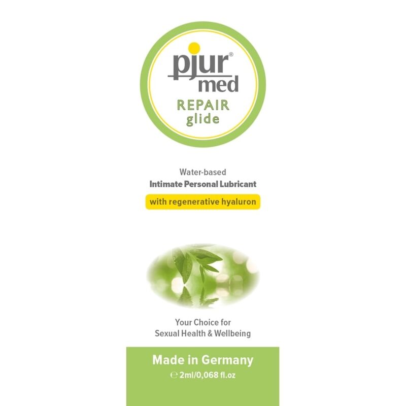 Pjur Med Repair Lubricant 2ml package, water-based with hyaluronic acid, made in Germany for skin hydration and compatibility.