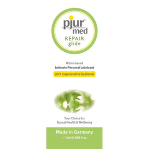 Pjur Med Repair Lubricant 2ml package, water-based with hyaluronic acid, made in Germany for skin hydration and compatibility.