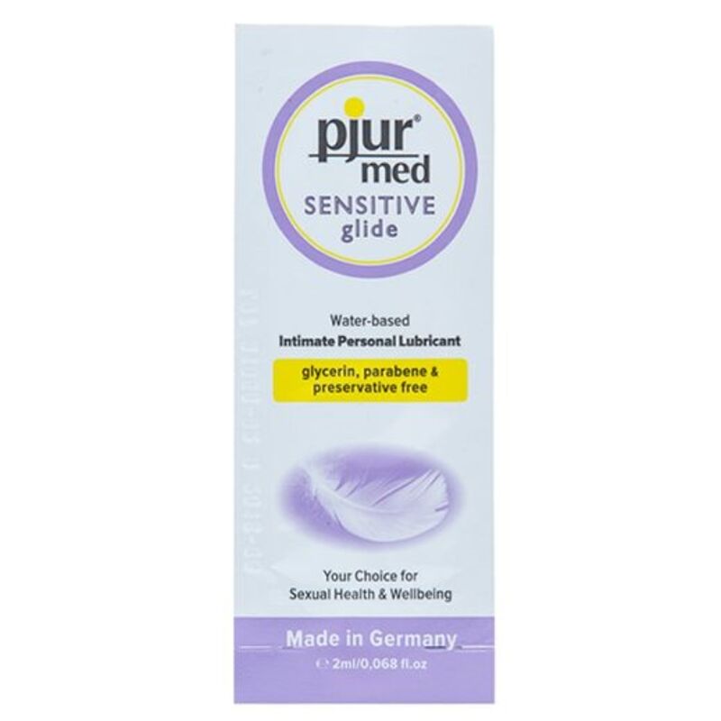 PJUR MED Sensitive Glide water-based lubricant, 2 ml, glycerin and paraben-free, for sensitive skin.