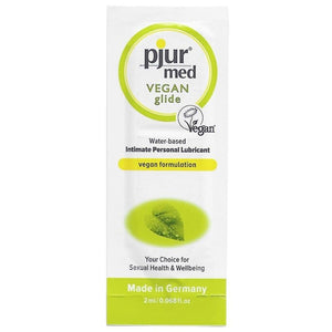 Pjur Med Vegan Glide 2ml water-based lubricant, vegan, preservative-free, gentle moisture, pH balanced, made in Germany