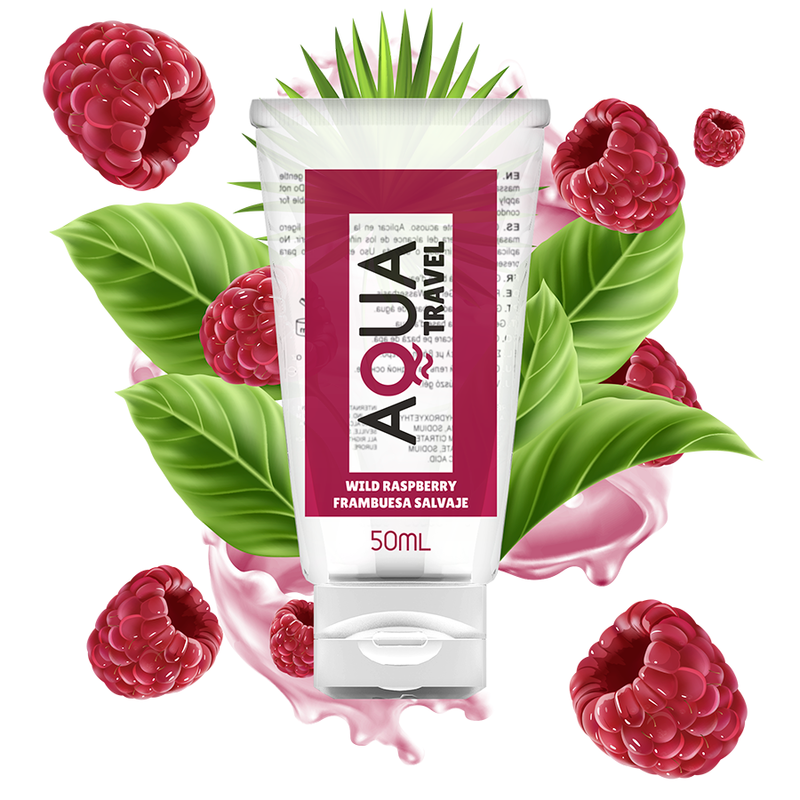 Aqua Travel Wild Raspberry Flavour 50ml Water-Based Lubricant with raspberries and leaves background, perfect for travel.