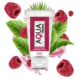 Aqua Travel Wild Raspberry Flavour 50ml Water-Based Lubricant with raspberries and leaves background, perfect for travel.