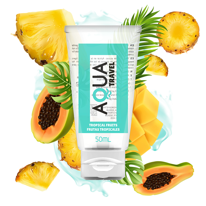 Aqua Travel tropical fruits flavored water-based lubricant 50ml with vibrant fruit design.