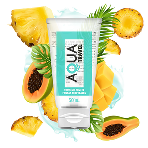 Aqua Travel tropical fruits flavored water-based lubricant 50ml with vibrant fruit design.