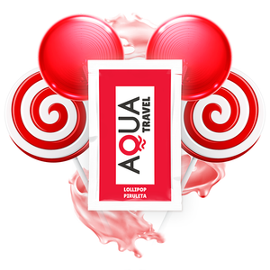 AQUA TRAVEL Lollipop Flavour Waterbased Lubricant 6ml packet with red lollipop design, enhancing travel and adventure experiences.