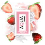 Alt Tag: AQUA TRAVEL strawberry cream water-based lubricant 6ml sachet surrounded by fresh strawberries, travel-inspired design.