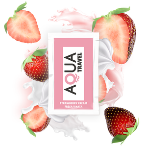 Alt Tag: AQUA TRAVEL strawberry cream water-based lubricant 6ml sachet surrounded by fresh strawberries, travel-inspired design.