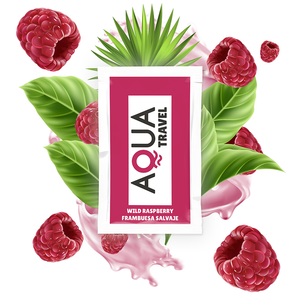 AQUA TRAVEL Wild Raspberry Waterbased Lubricant 6ml sachet with vibrant raspberry and leaf design.
