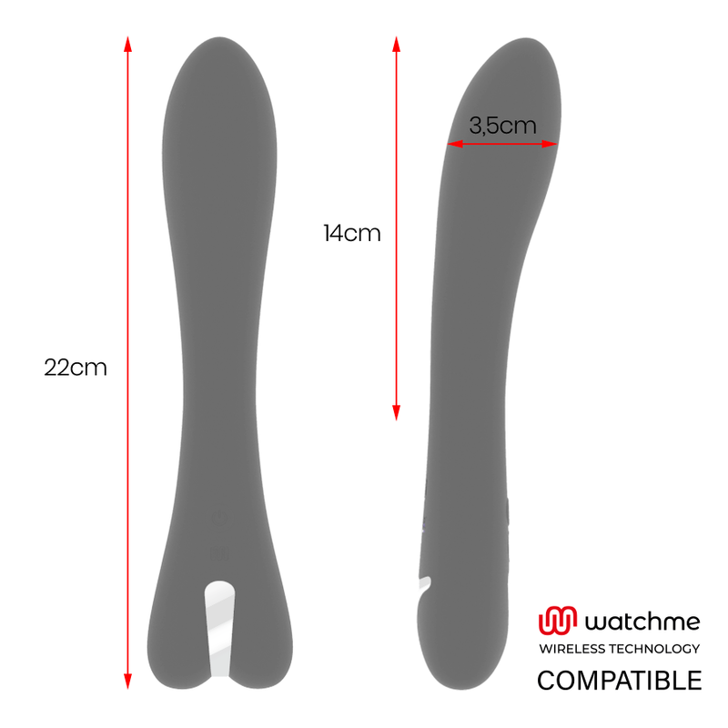 BRILLY GLAM Ryan Vibrator dimensions, showcasing 22cm length and 3.5cm width with Watchme wireless technology compatibility.