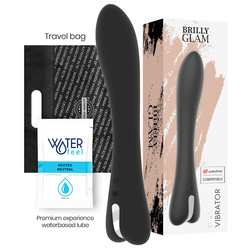 BRILLY GLAM Ryan Vibrator with watchme tech, silicone, USB rechargeable, 10 programs, waterproof, shown with travel bag and lube.