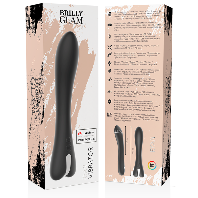 BRILLY GLAM Ryan Vibrator with Watchme Technology, discreet sleek design, anti-allergenic silicone, 10 vibration modes, and waterproof.