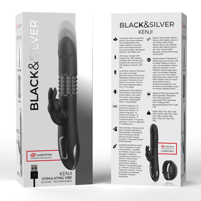 Black&Silver Kenji Stimulating Vibe, USB rechargeable, compatible with Watchme wireless technology, premium soft silicone finish.
