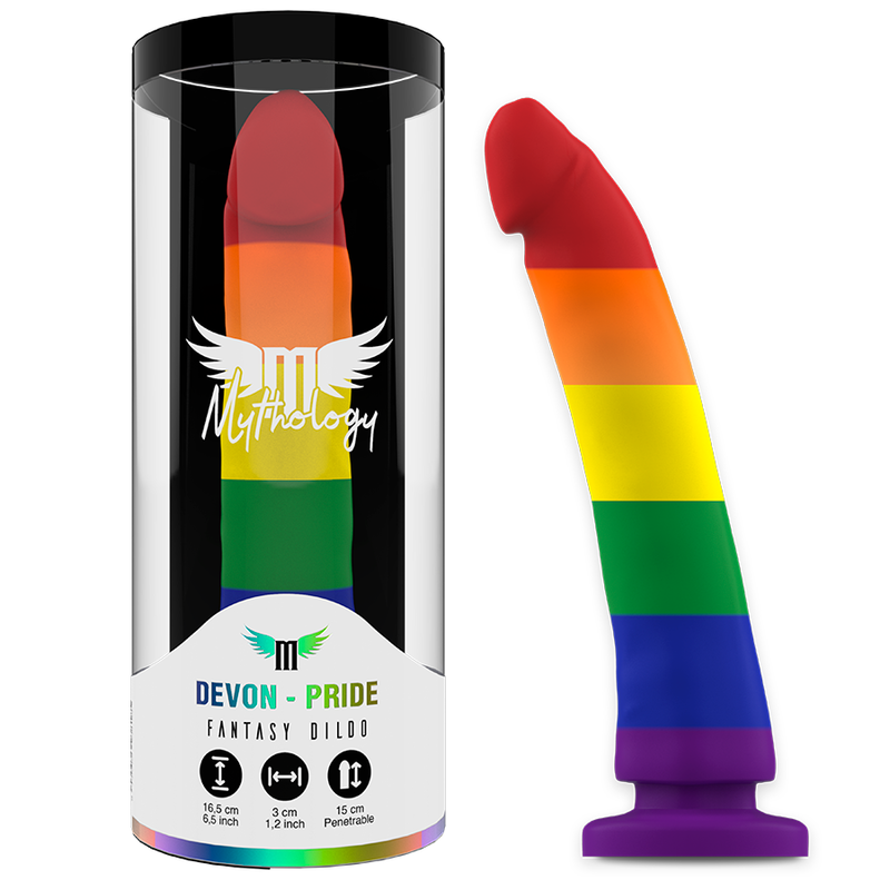 MYTHOLOGY Devon Pride Dildo M - Rainbow Fantasy Dildo, 16.5cm total length, ergonomic and super flexible design in vibrant colors