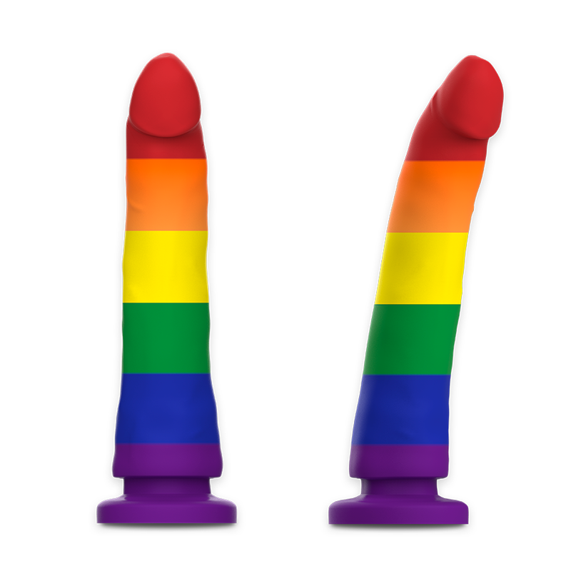 MYTHOLOGY Devon Pride Dildo M with rainbow colors, 16.5cm total length, flexible and ergonomic design, compatible with Fantasy Harness.