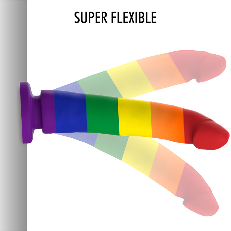 MYTHOLOGY Devon Pride Dildo M showing flexibility and rainbow colors, designed for fantasy experiences and use with Fantasy Harness line.
