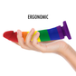 MYTHOLOGY Devon Pride Dildo M in hand, rainbow colors, ergonomic design, fantasy harness compatible, size medium, flexible and strong.