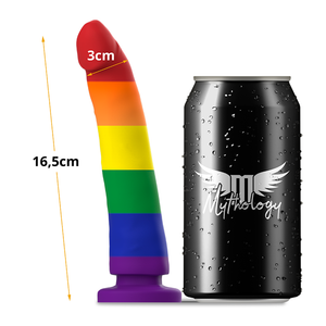 MYTHOLOGY Devon Pride Dildo M, 16.5cm, rainbow colors, next to Mythology branded can, fantasy design, flexible and ergonomic.