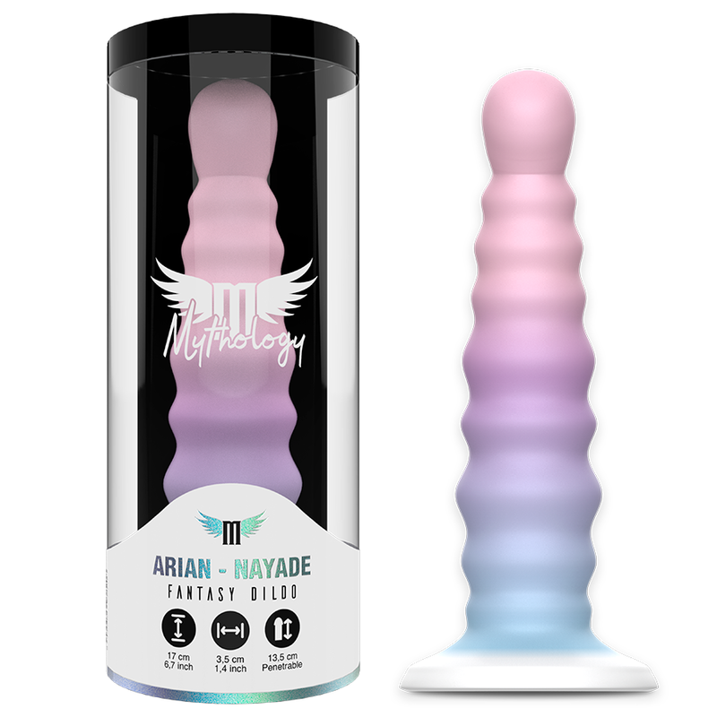 MYTHOLOGY Arian Nayade fantasy dildo with pastel colors, flexible and ergonomic design, shown with packaging and product details.