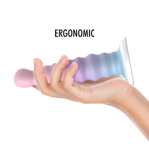 Hand holding Mythology Arian Nayade dildo, ergonomic and colorful