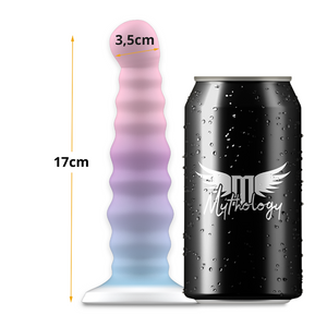 MYTHOLOGY Arian Nayade dildo with fantasy colors next to a branded can for size comparison, 17cm length 3.5cm diameter