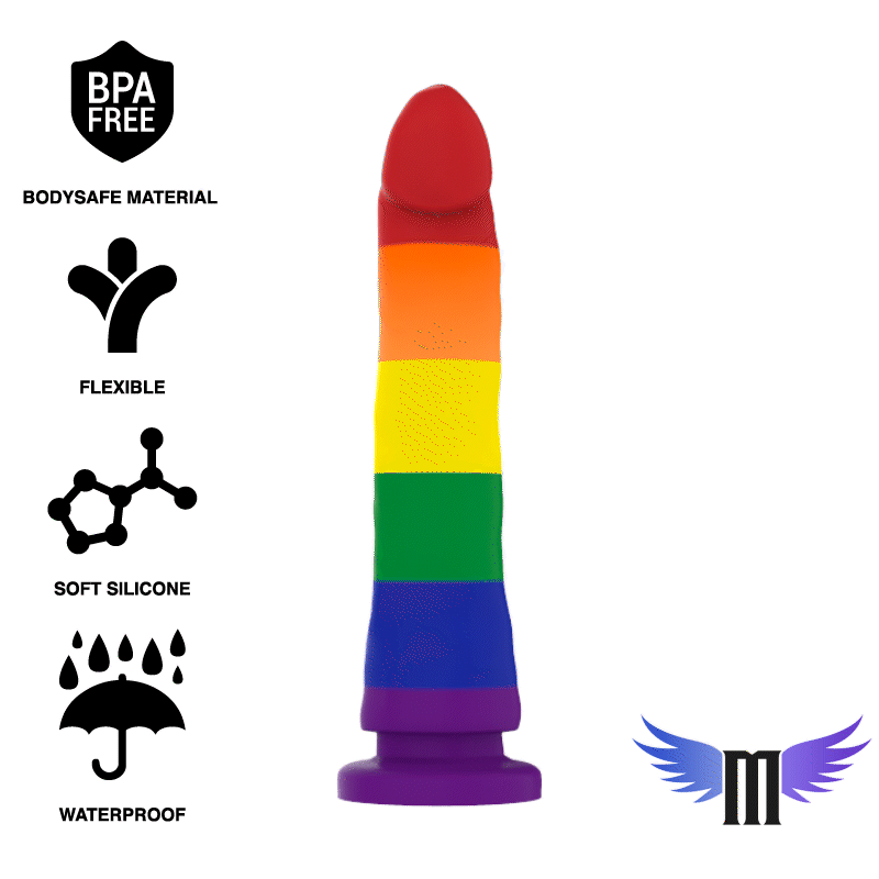 MYTHOLOGY Devon Pride Dildo M in rainbow colors, fantasy design, flexible, soft silicone, waterproof, body-safe, size medium.