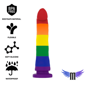 MYTHOLOGY Devon Pride Dildo M in rainbow colors, fantasy design, flexible, soft silicone, waterproof, body-safe, size medium.