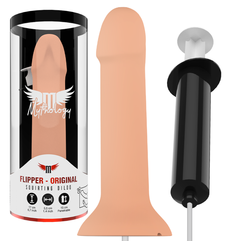 MYTHOLOGY Flipper Original Dildo with Ejaculator, fantasy design for harness use, size M, 16.5cm length, 3.5cm diameter, peach color.
