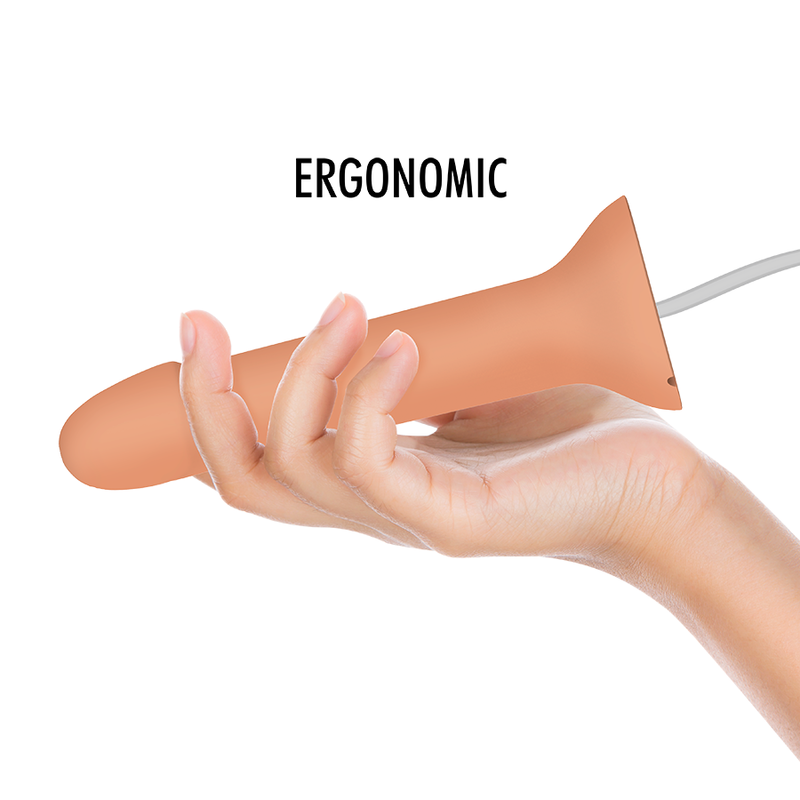 Hand holding ergonomic dildo with ejaculation feature, showcasing sleek design and comfortable grip