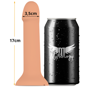 MYTHOLOGY Flipper Original Dildo with Black Fantasy Harness Compatibility, 17cm Size, 3.5cm Diameter, Beige Color, Side by Side with Can
