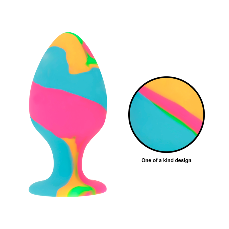 Multicolor silicone plug with tie-dye design and conical shape, featuring a suction cup base for versatile play.