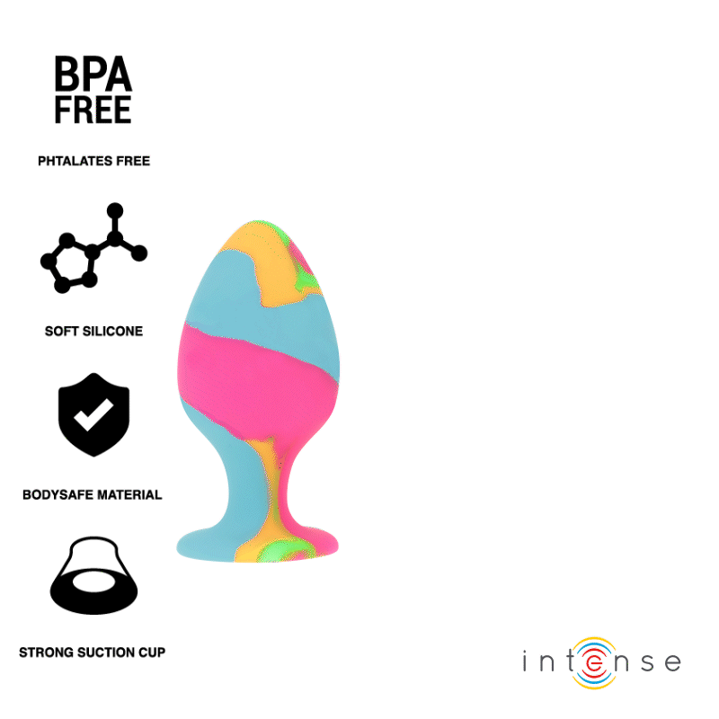 Multicolor silicone butt plug with BPA-free, phthalate-free labels, soft silicone, bodysafe material, and strong suction cup.