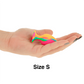 Hand holding small multicolor silicone plug from Intense set, size S, with bright tie-dye design and conical shape.