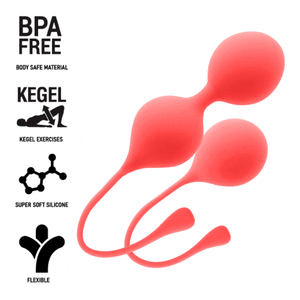 Red silicone kegel balls for women, BPA-free, flexible, designed for pelvic floor exercise, textured finish for enhanced comfort.