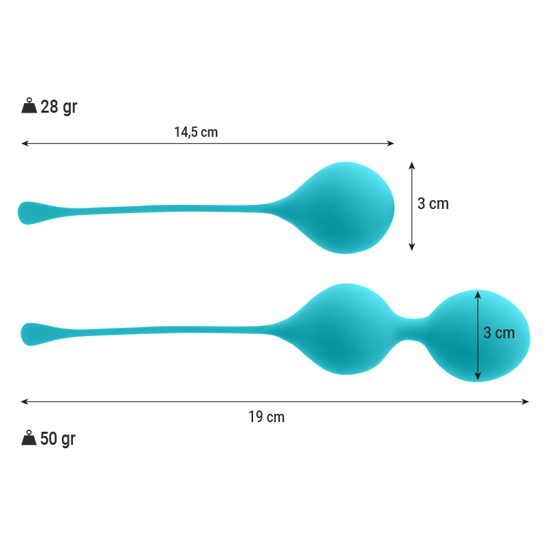 Kegel balls pack in blue, shown with measurements, designed for pelvic floor training and made of high-quality silicone.
